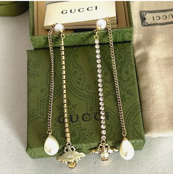Gucci Gold-tone Metal Earrings Bee W/White Crystals and Pearl Drop 4" Long/New - Picture 2 of 6